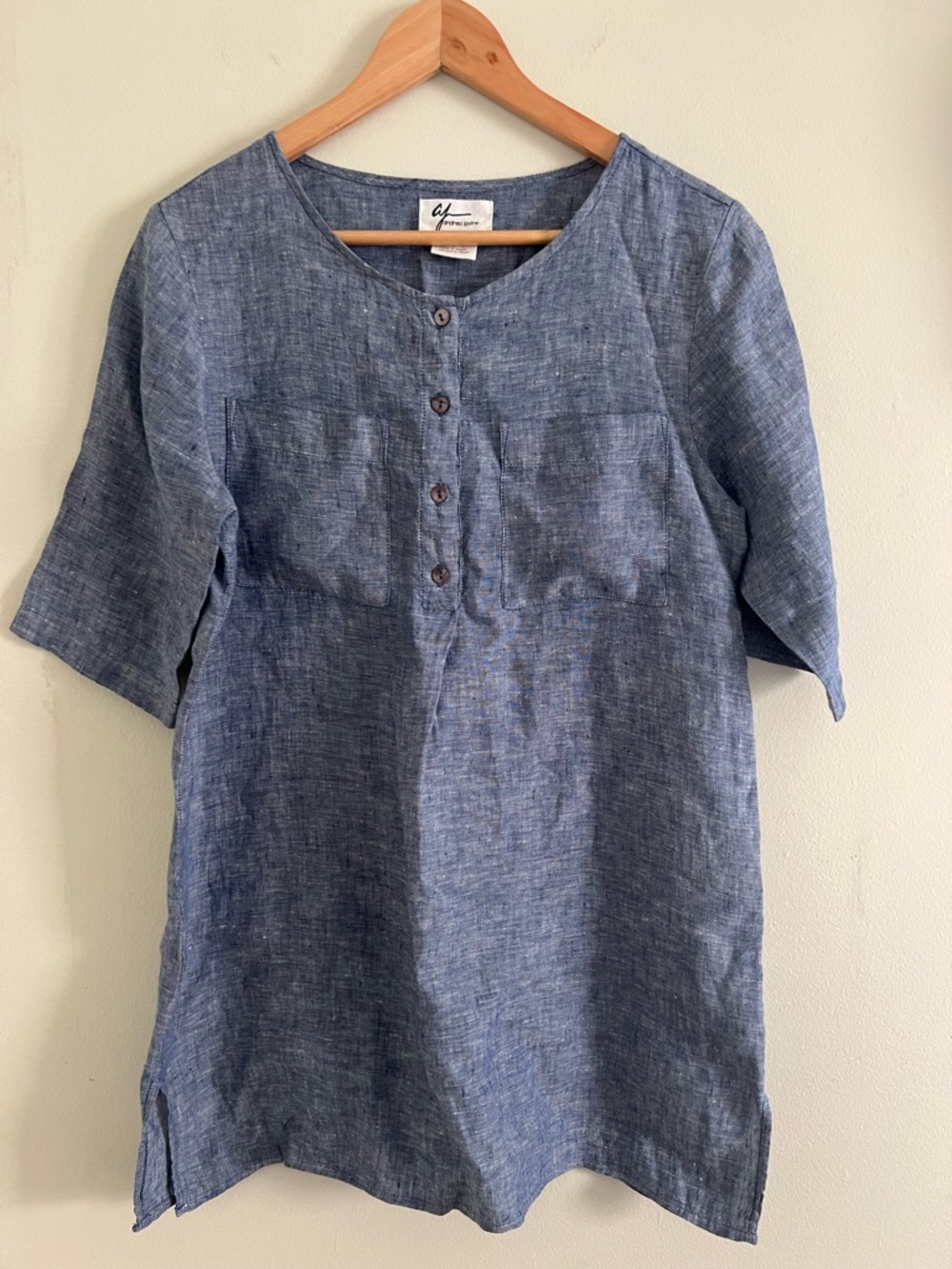 Andrea Jayne Blue Linen Button Front Short Sleeve Top Shirt Size Small